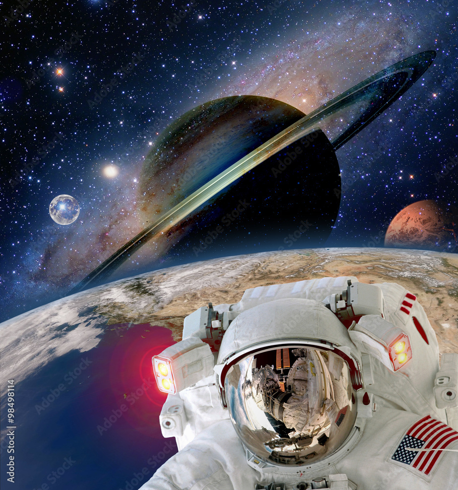 Wall mural astronaut helmet spaceman solar system saturn mars planet moon sci fi space. elements of this image 