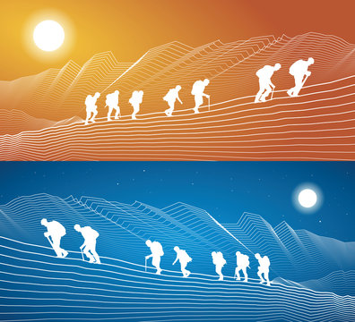 Hikers in the mountains, climbing in tandem, vector design art