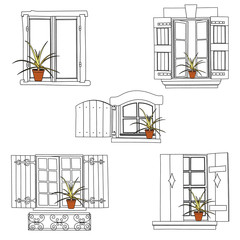 Vintage windows set with flowers in the pot on white background

