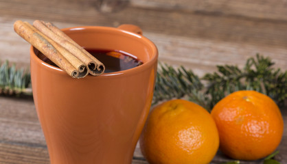 Hot wine in a cup with spices