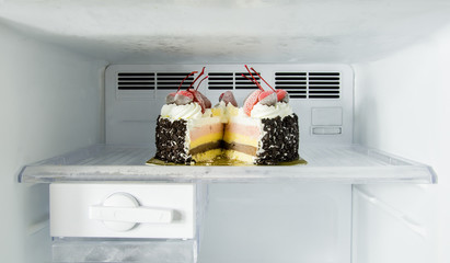 Ice cream cake in a refrigerator