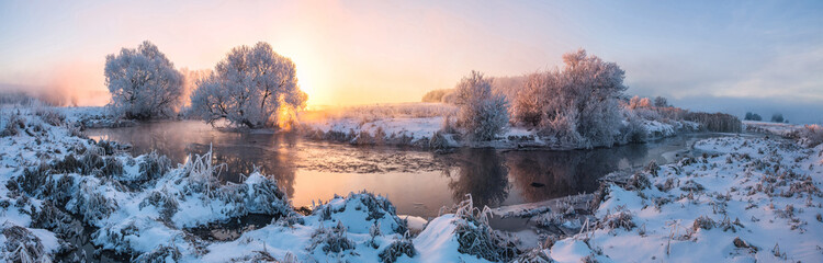 Frosty and snowy winter dawn