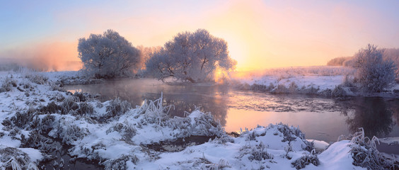 Foggy winter sunrise with frosty trees 