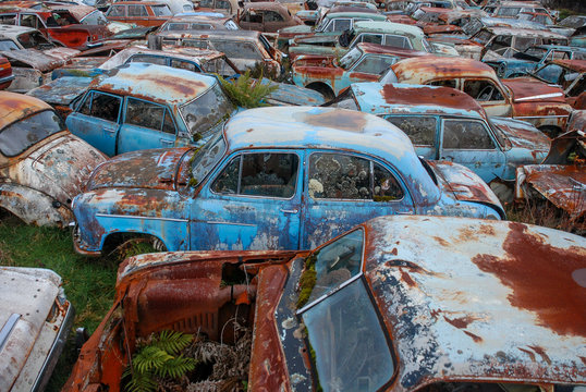 Several abandoned cars at car cemetery in New Zealand