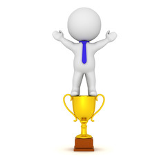 3D Character With Golden Trophy and Blue Tie