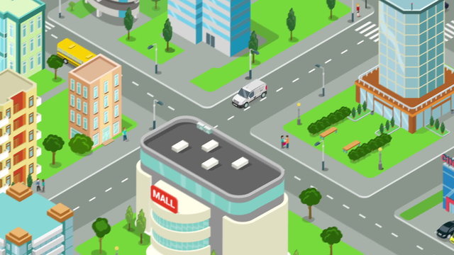 Delivery service of goods in megalopolis video concept. Van rides through the street of the city looped animated. Flat 3d isometric design animation.
