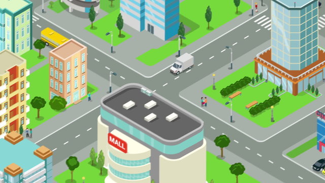 Delivery service of goods in megalopolis video concept.  Truck rides through the street of the city looped animated. Flat 3d isometric design animation.
