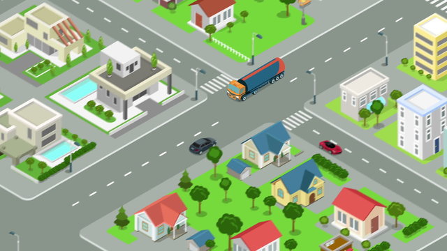 Gasoline tanker rides through the street of the city looped animated. Oil petroleum transportation video concept.  Flat 3d isometric design animation.
