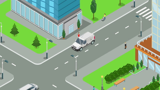 Delivery of goods to the office video concept. Man gets parcel animation. Recipient takes package out of the van animated. Flat 3d isometric design animation.
