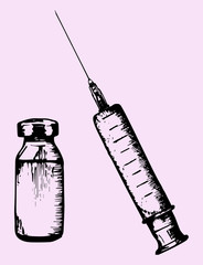 syringe with needle and jar