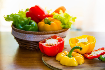 Healthy vegetable in basket put on wooden table