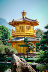 Fototapeta premium Pavilion of Absolute Perfection Lotus Pond at nan lian garden,Hongkong