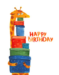 Giraffe with present. Happy birthday. Watercolor Illustration. Hand drawing