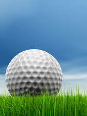 White golf ball in grass and sky