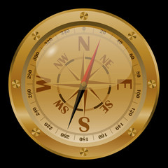 Golden compass on black background.
