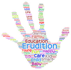 Conceptual child education hand print word cloud isolated