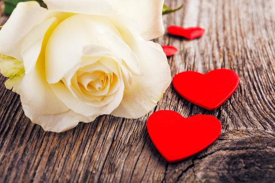 hearts and a  roses on wooden table, Valentines Day background