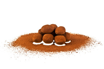 Chocolate truffles with cocoa on a white background