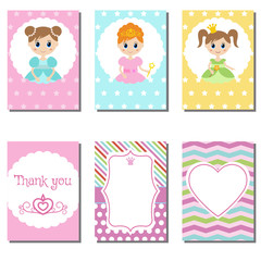 Set of cute creative cards with princess theme design.