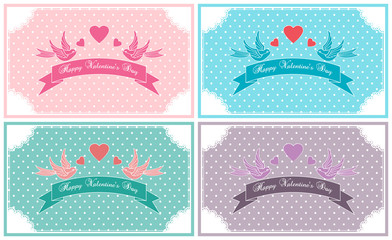 Valentines Day vintage card set  decorated with lace, birds and ribbons.