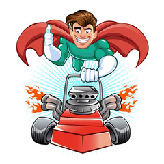 Cartoon superhero with lawn mower&nbsp;