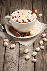 Hot chocolate with marshmallows and spices on the rustic wooden table. Selective focus.