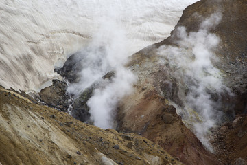 The emission of volcanic gases. The slope of Mutnovsky volcano.