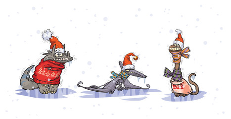 Three cartoon dinosaurs with christmas hats. © Bobb Klissourski