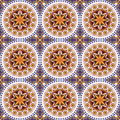 Seamless background image of vintage round dot flower tile pattern.
