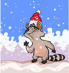 Raccoon with christmas hat on a snowy forest background.