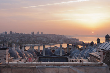 Sunrise over the city of Istanbul as seen from the Suleymani Mosque 