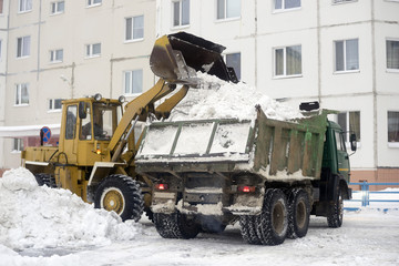 Tractor loads into the car body snow gathered in  yard © amarinchenko106