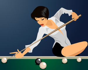 Girl plays billiards - obrazy, fototapety, plakaty