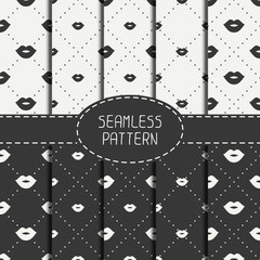Set of romantic hipster lips kiss seamless pattern. Collection of wrapping paper. Scrapbook paper. Tiling. Vector illustration. Lipstick kiss prints. Background. Graphic texture. Valentines day