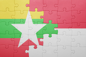 puzzle with the national flag of indonesia and myanmar