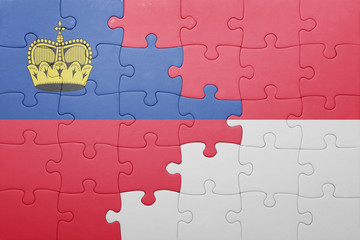 puzzle with the national flag of indonesia and liechtenstein