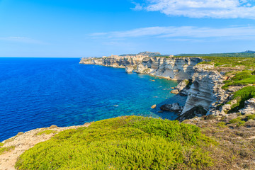 A view of Bonifacio old town built on high cliff above the sea, Corsica island, France