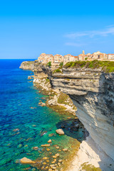 Fototapeta na wymiar A view of Bonifacio old town built on high cliff above the sea, Corsica island, France