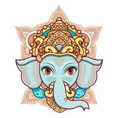 Hindu elephant head God Lord Ganesh. Hinduism. Happy Ganesh Chaturthi. Vector elements isolated. Hand drawn paisley background. Indian, Hindu motifs. Henna tattoo, yoga,