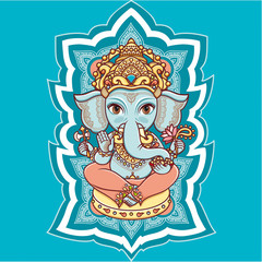 Hindu elephant  God Lord Ganesh. Hinduism. Happy Ganesh Chaturthi. Vector elements isolated. Hand drawn paisley background. Indian, Hindu motifs. Henna tattoo, yoga, 