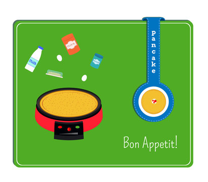 The card with the image of the electric crepe maker and the ingredients for making a pancake. Label with pancake