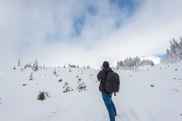 Fototapeta na wymiar a man stand facing the mountain on a path cover with snow in Paradise area, mt Rainier national park,Washington,USA.