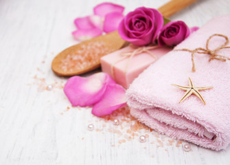 Bath towels, salt and soap