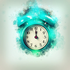 Happy New Year. Blue clock. Midnight.