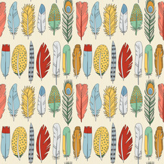Feathers and stripes doodle multicolored seamless pattern. Cartoon naive style. 