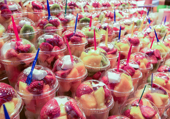 Fruit cups in Ramblas food market