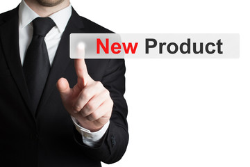 businessman pushing flat touchscreen button new product