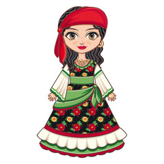 The girl in Gypsy dress. Historical clothes.  Linear pattern on a white background.  Line drawing festive. Vector drawing.