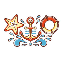 Sea set. Anchor, Lifebuoy, Starfish. Cheerful colorful style. Linear pattern on a white background. Line drawing festive. Vector drawing.