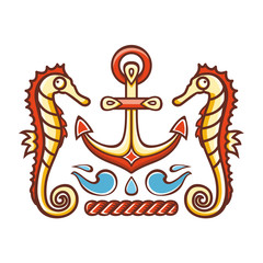 Sea set. Anchor, Lifebuoy, Starfish. Cheerful colorful style. Linear pattern on a white background. Line drawing festive. Vector drawing.